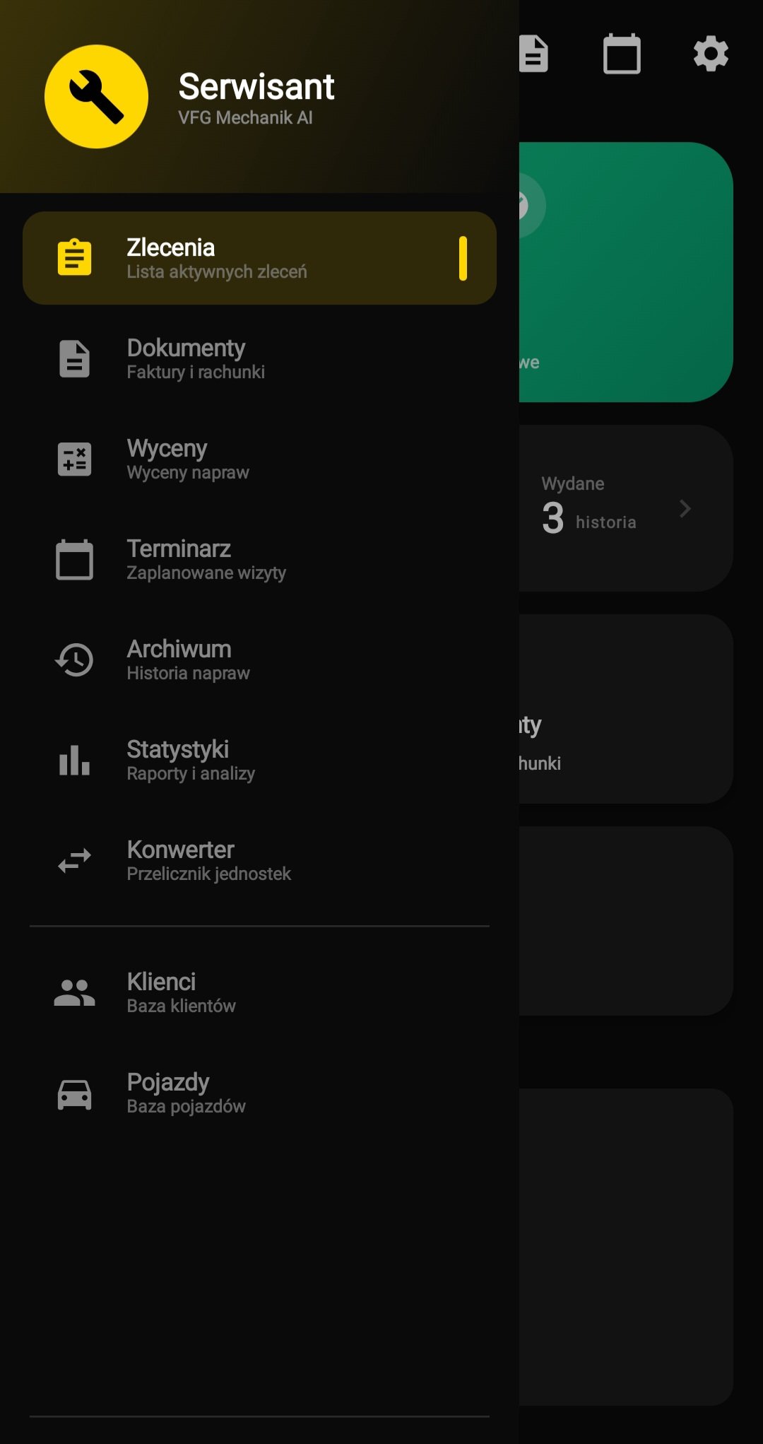 Menu boczne z listą modułów